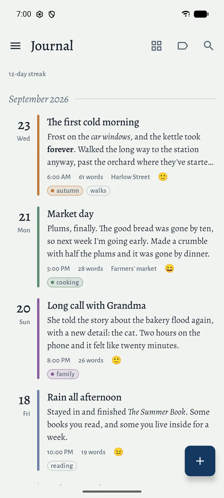 The journal: entries under a September heading, each with its day, a colored edge for its mood, a preview, the time, word count, place and tags. A 12-day streak note sits at the top.