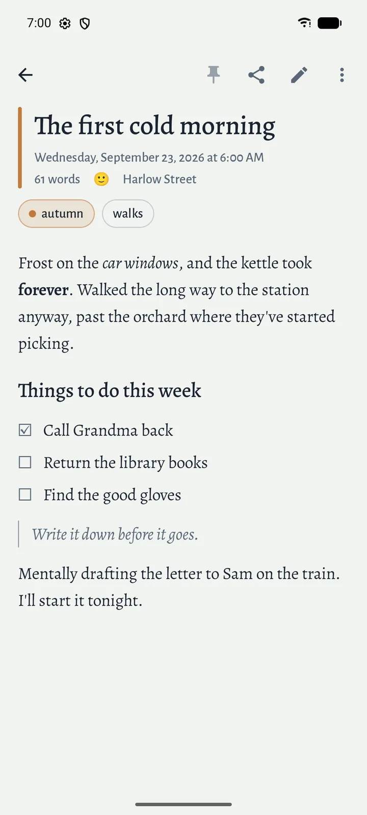 The same entry in read mode: a real heading, ticked and unticked checkboxes, and a quote.