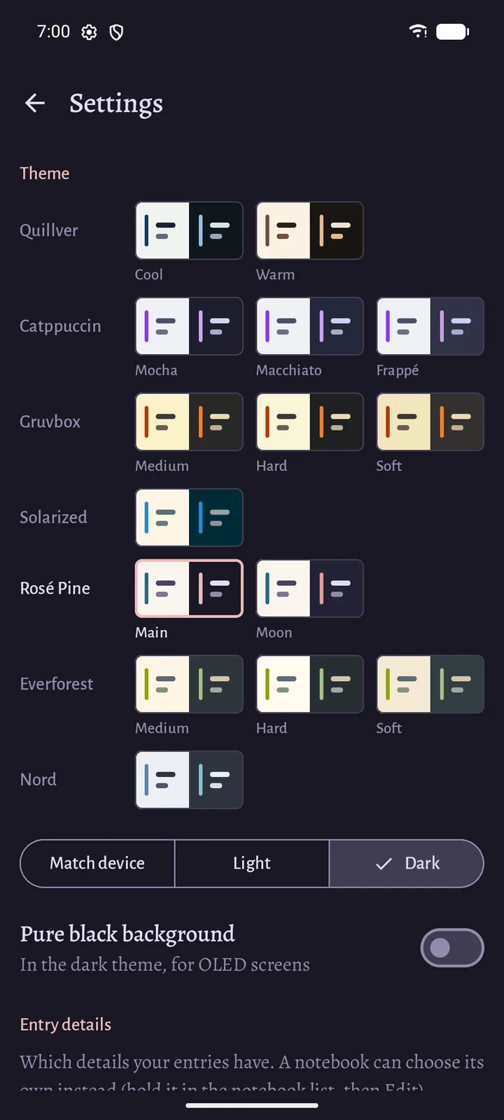 The theme settings: Quillver's Cool and Warm palettes, then Catppuccin, Gruvbox, Solarized, Rosé Pine, Everforest and Nord, each with a light and a dark side, and a pure black option.